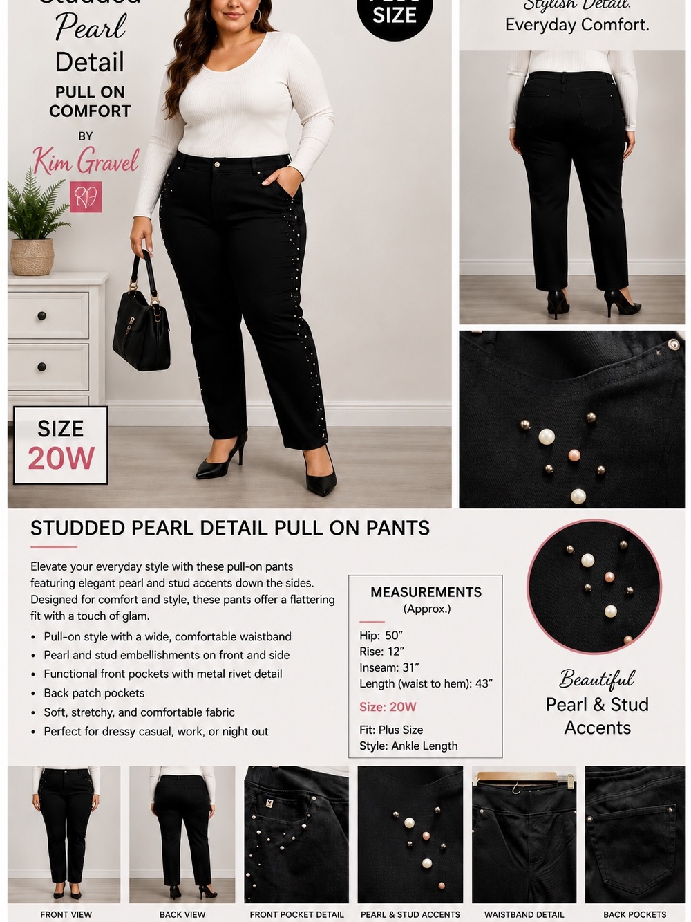 Belle by Kim Gravel Black Glam Pearl Studded  Boutique Stretch Denim Jegging EUC